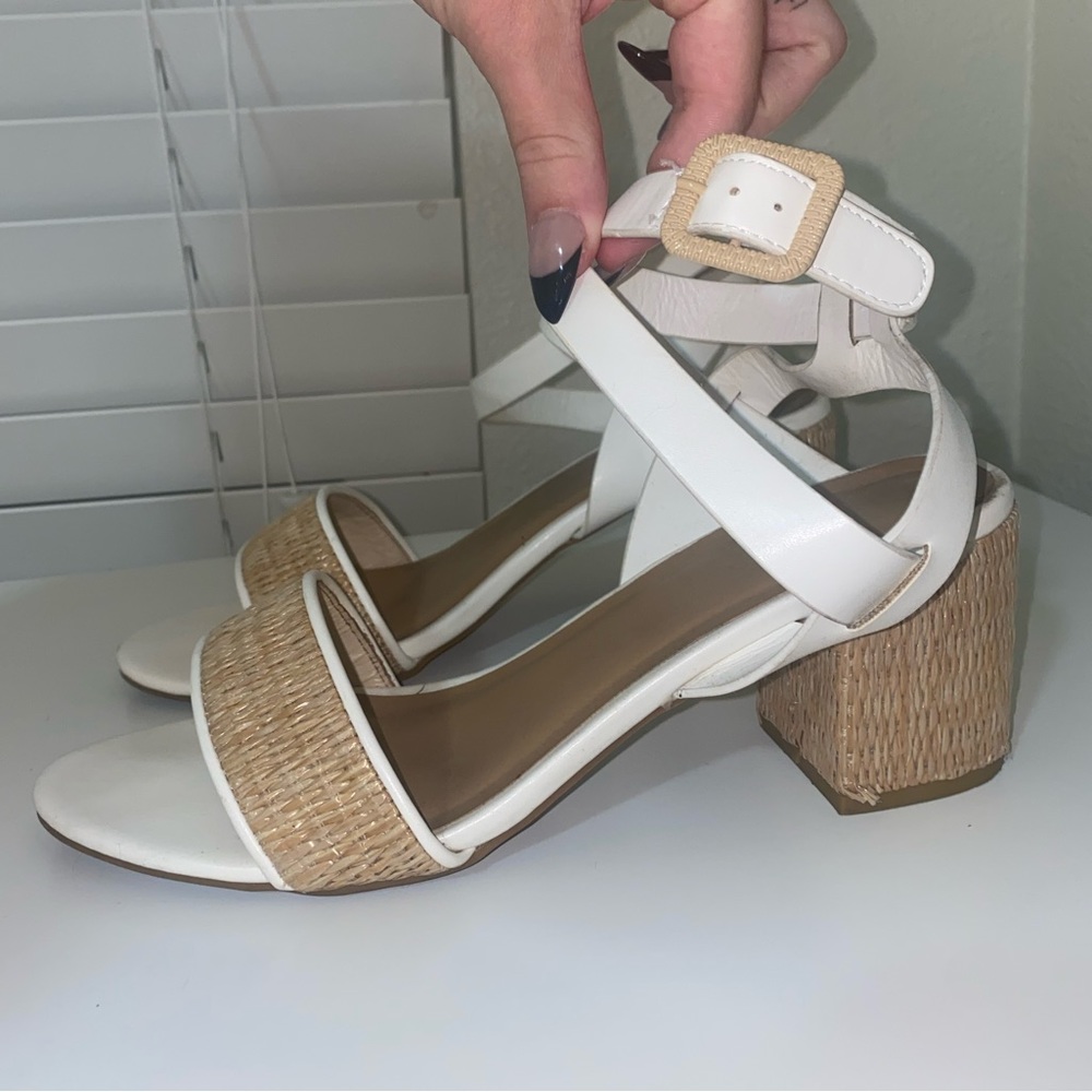White and brown strappy heels